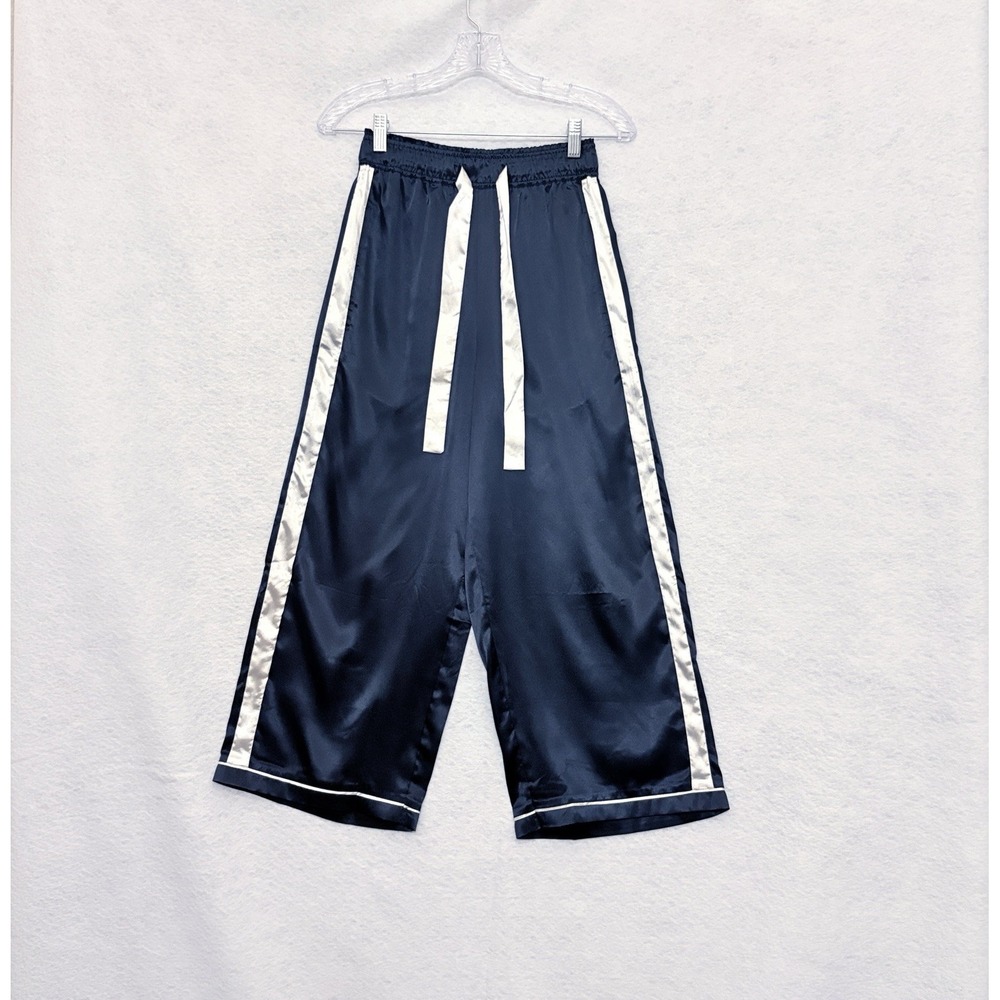 MERSEA Satin Lounge Pants Womens XS Navy with White Stripe Wide Leg Pajama